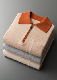 100% CASHMERE TWO TONE ZIPPER POLO