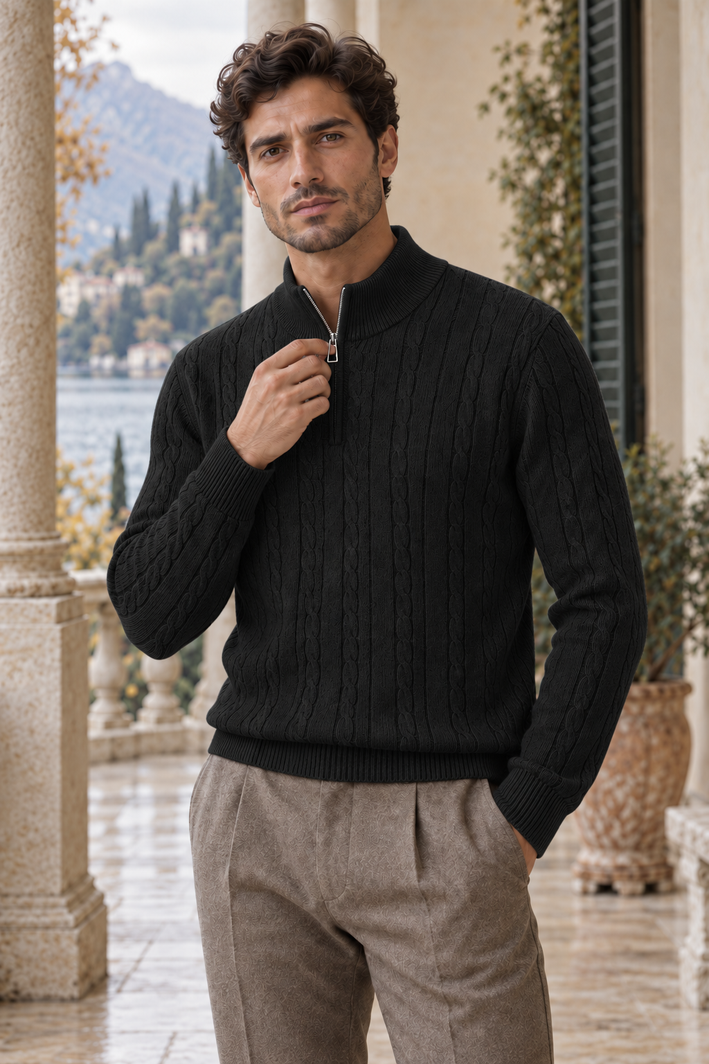 Valerio Cable-Knit Quarter-Zip